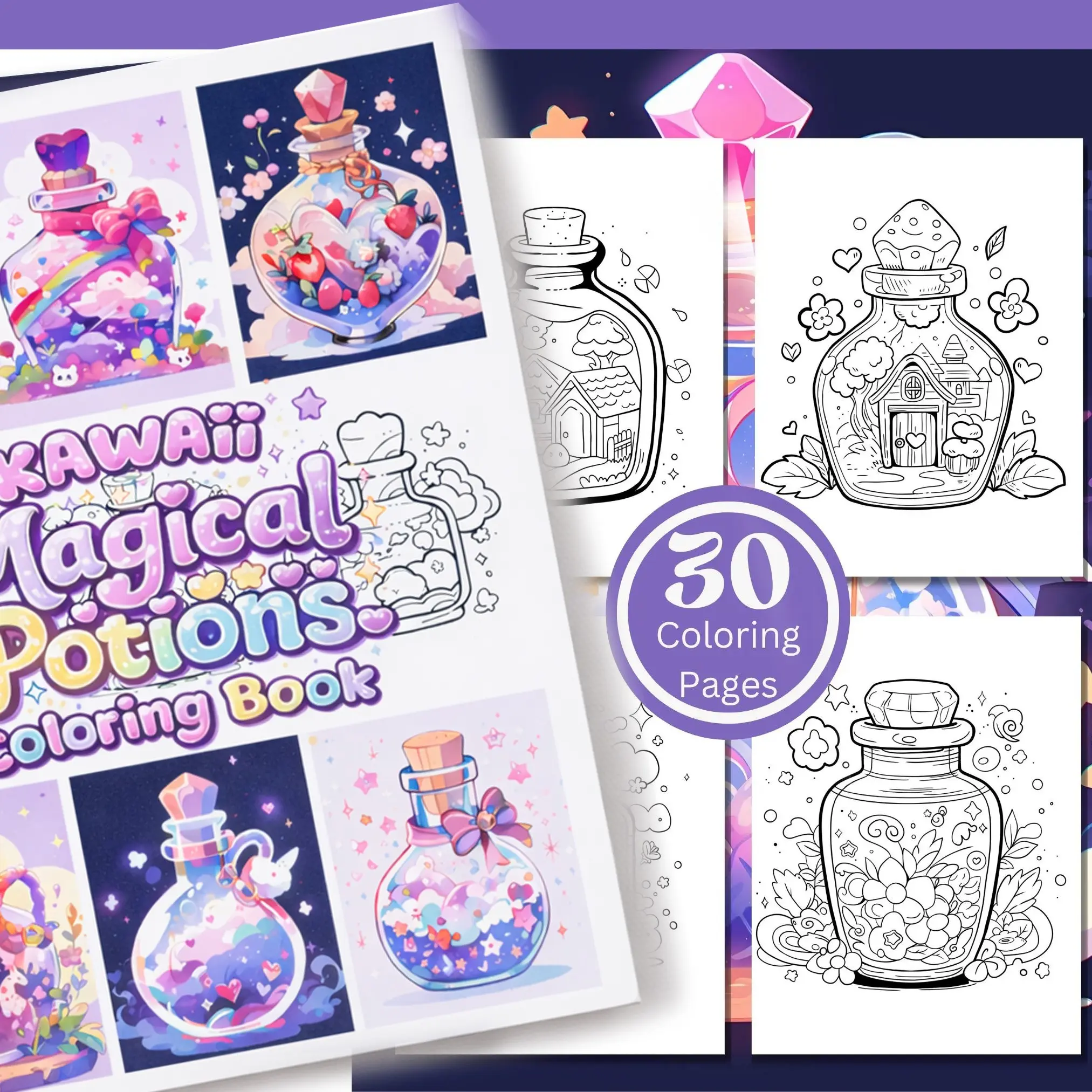 Kawaii Magical Potions Coloring Book 30 Fun Pages Cute Fantasy Potion Bottles Adorable Kawaii Art Relaxing Coloring Book Stress Relief Creative Coloring Gift for Fantasy and Magic Lovers
