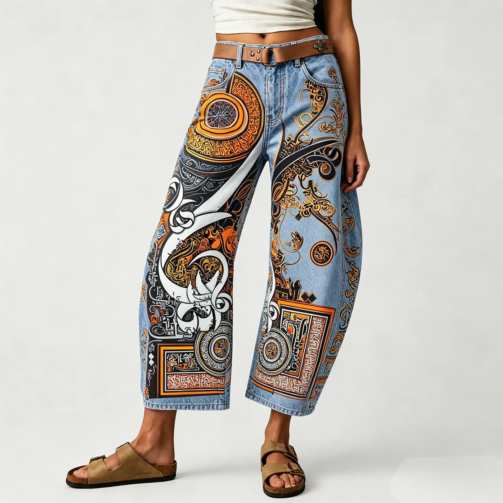 Women's vintage-wash wide-leg jeans; Y2K-style loose-fitting trousers; soft pink base with a bohemian floral print; suitable for year-round outdoor activities and streetwear styling.