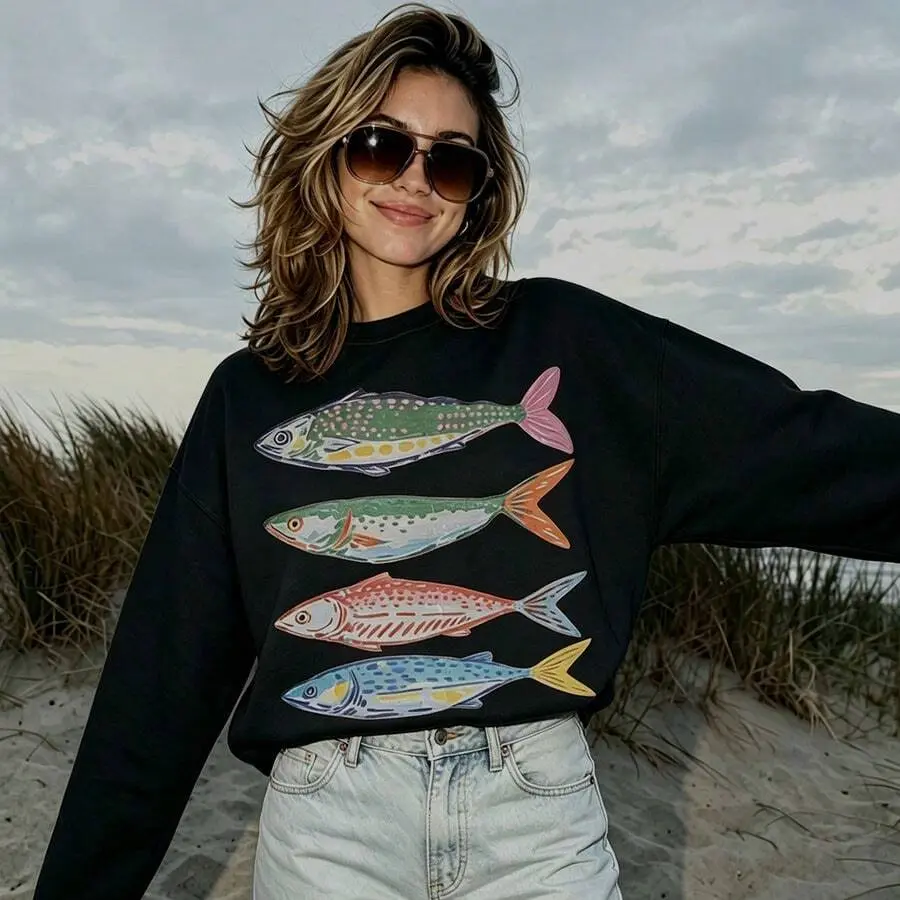 Neon Yellow Oversized Coastal Fish Graphic Crewneck Sweatshirt - Vintage Fisherman Aesthetic, Retro Beach Nautical Pullover Tops, Round Neck, Graphic Print, Machine Wash Sports Outerwear Gift, Crew Neck
