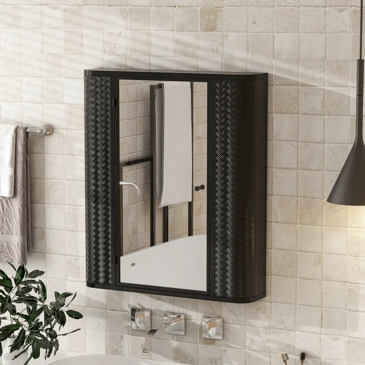 Antique Black Wall-Mounted Bathroom Mirror Cabinet 23.62"L*5.11"W*23.62"H, Powder Coated Steel Medicine Cabinet with Mirrored Door, Internal Glass Shelf & Bottom Open Storage, Magnetic Closure Farmhouse Wall Storage Organizer for Bathroom Vanity, 23.62X5.