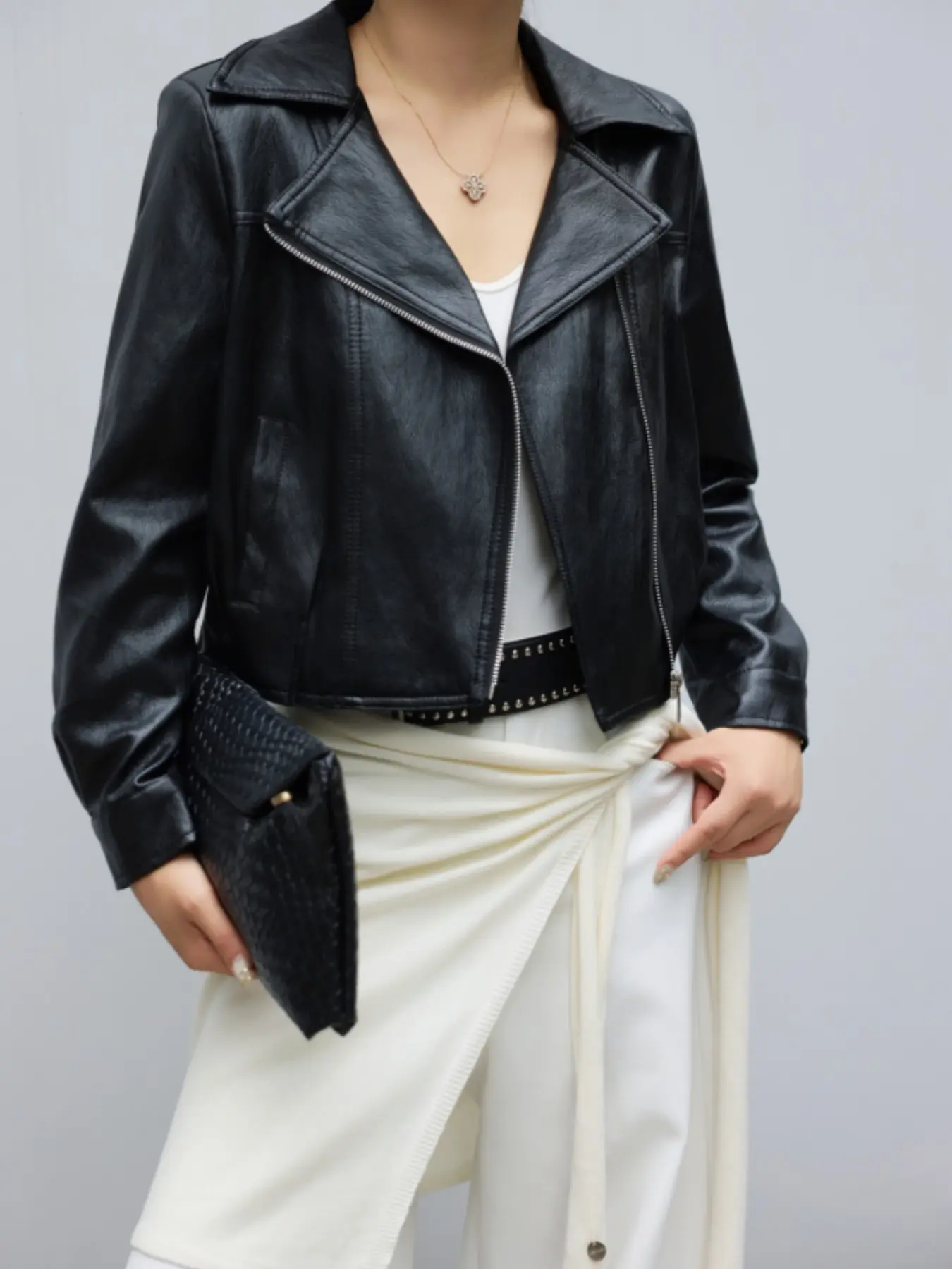 Short Stand Collar Motorcycle Jacket for Women, Vintage Loose Fit PU Leather Coat, Spring Fall Casual Oversized Outerwear for Petite Sizes
