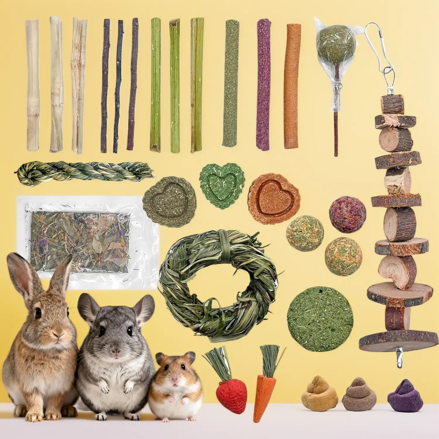 Rabbit Chew Toys, Toys for Guinea Pigs & Hamsters - Natural Chew Sticks & Balls Set for Small Animals, Dental Care Treats for Chinchillas, Bunny - 20+ Toys for Teeth Health (32 Pieces)