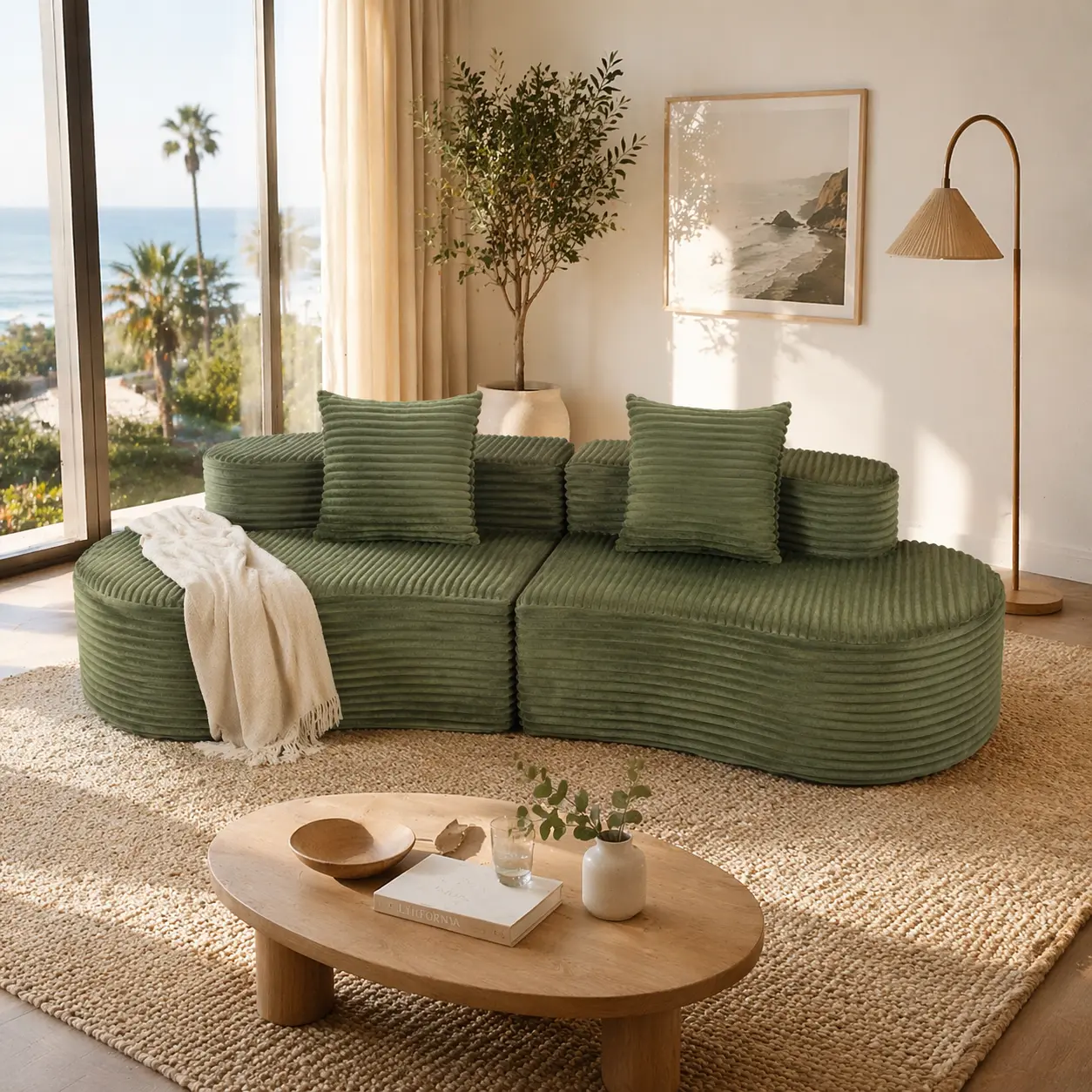 Nokaa Corduroy 2-Seater Sofa Couch with Lumbar Pillows, 110.24" Deep Seat Fully Compressed No Assembly Cloud Couch for Living Room Bedroom, Green, Multiple Options