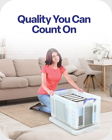 Really Useful Box Stackable 9 Liter Plastic Storage Container Bin with Snap Lid and Built-In Clip Lock Handles for Home & Office Organization (4 Pack)