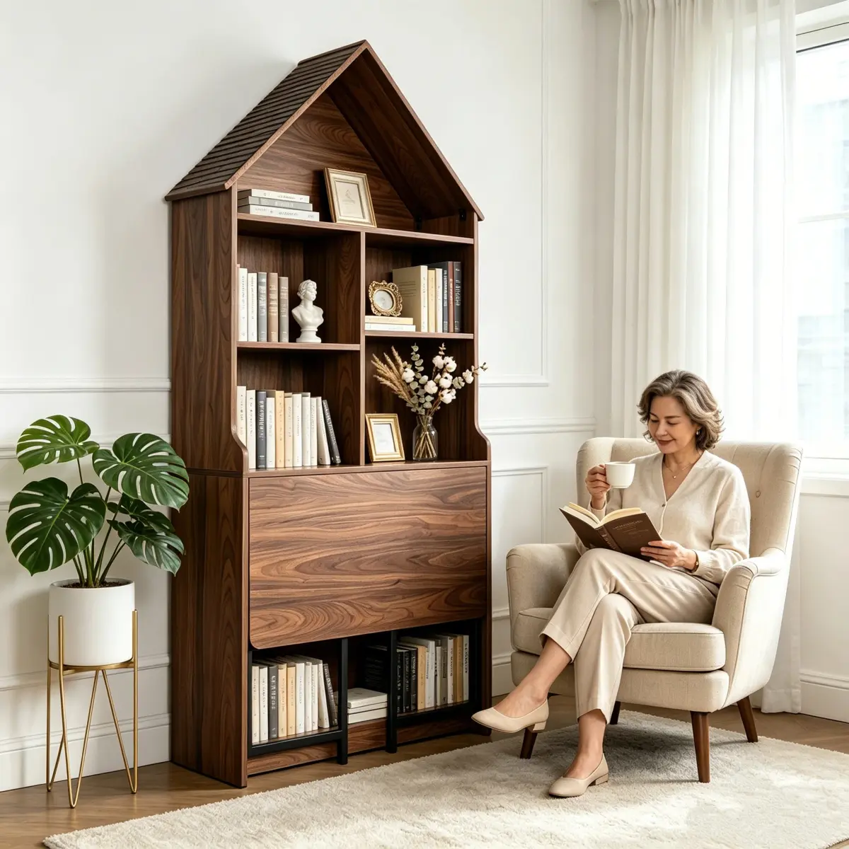 Folding Craft Desk with Storage Shelves, Convertible Hideaway Desk to Bookshelf, Foldable Desk with Storage, Disappearing Desk for Small Spaces, Multifunctional Converted Craft Table, Vanity Desk