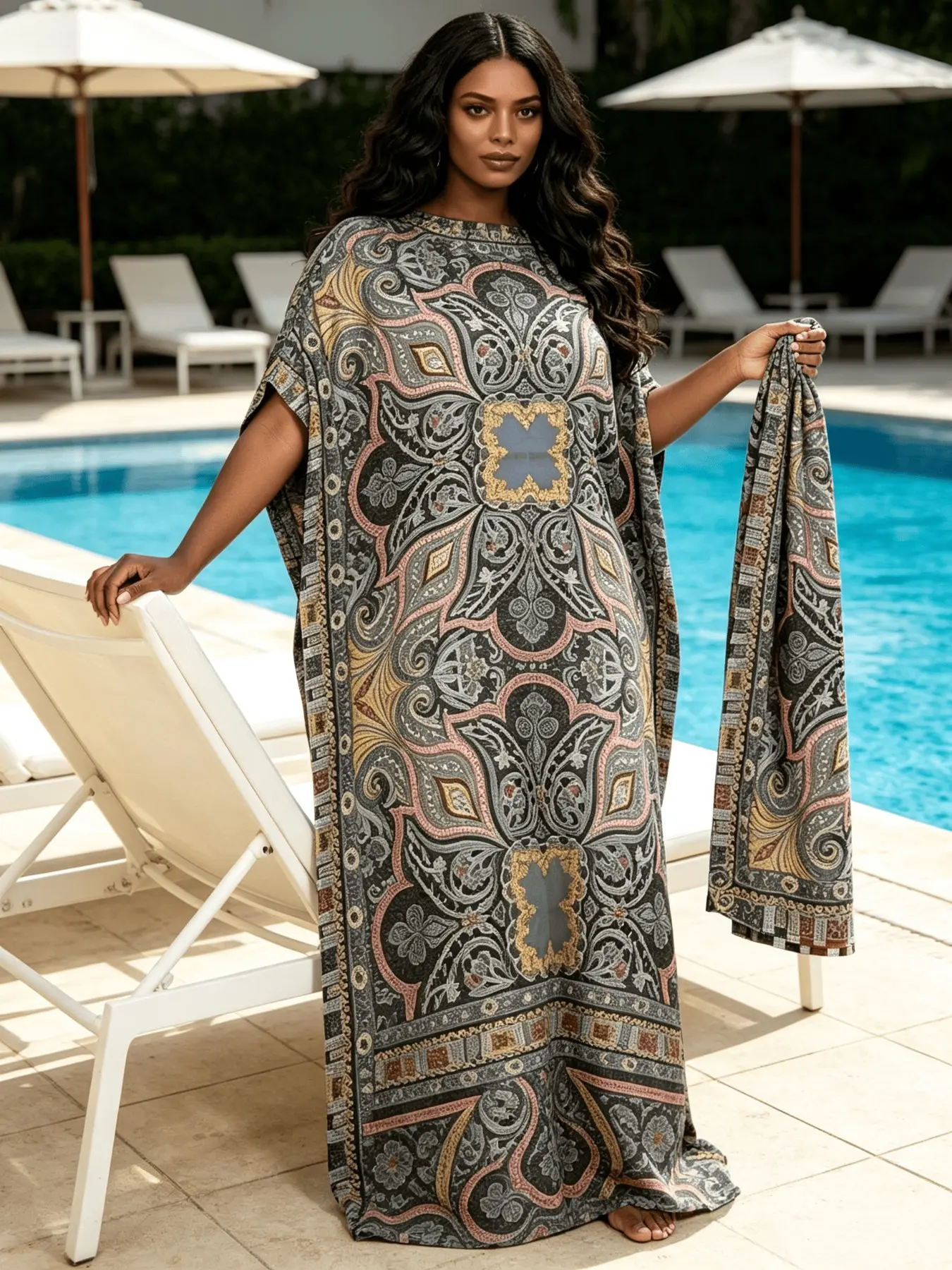 Neutral Multi-Tone Ornate Bohemian Paisley Loose Kaftan Dress, Oversized Floor Length Flowy Tunic Robe, Elegant Beach Brunch Evening Outfit With Coordinating Head Wrap, Suitable For Plus Size Ladies