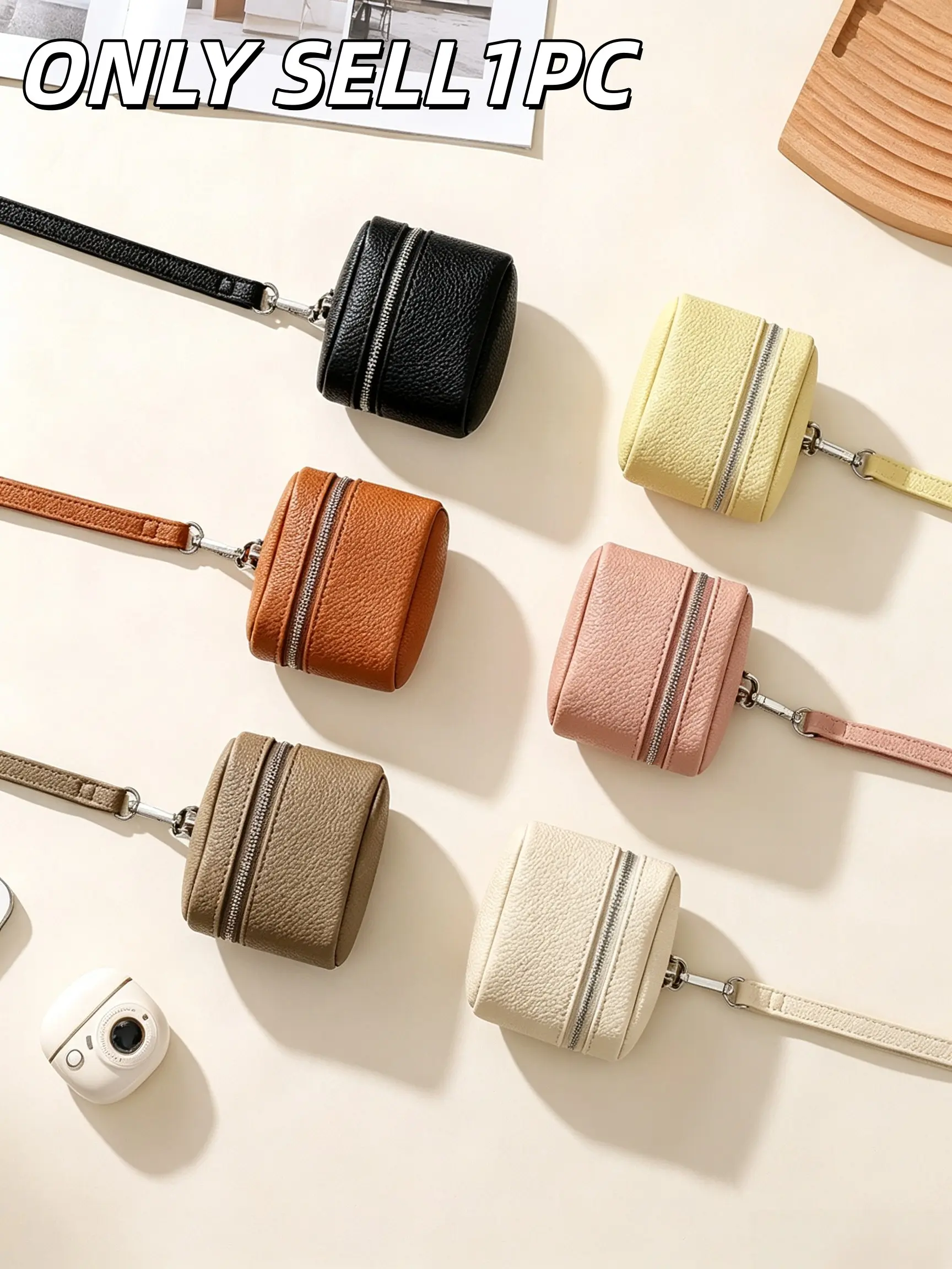 1PC Lychee Grain PU Leather Mini Zipper Pouch with Detachable Lanyard, Portable Storage Bag for Earphones, Lipstick & Coins, Women's Keychain Mini Purse