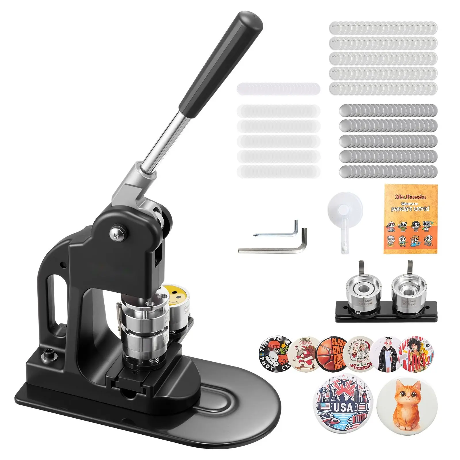 Button Maker Machine 1.25 Inch Press For DIY Badges And Key Chains, Includes 500 Button Parts, Circle Cutter, Hex Wrenches, Instruction Book, Ergonomic Handle, Custom Pins, Personalized Badges, Black