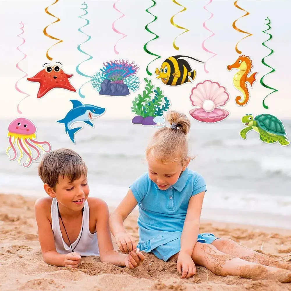 9pcs/ Set Underwater Theme Birthday Decorations, Spiral Hanging Ornaments, Ocean Tropical Fish Shell Summer Party Decor, Marine Theme Party Accessories, Beach Party Decorations