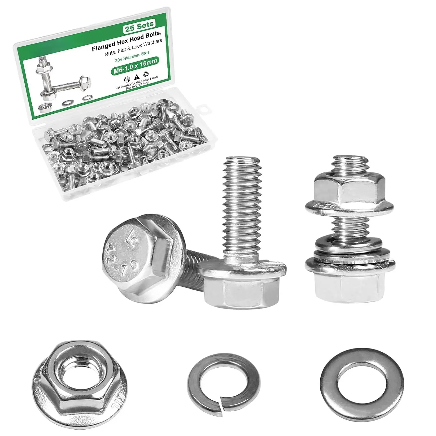 25 Sets M6-1.0 x 16mm Flanged Hex   Kits, M6 Flange Hexagon Screws and Nuts,Flat & Spring Lock Washers,18-8 (304) Stainless Steel,Metric Bolt , Fully Threaded