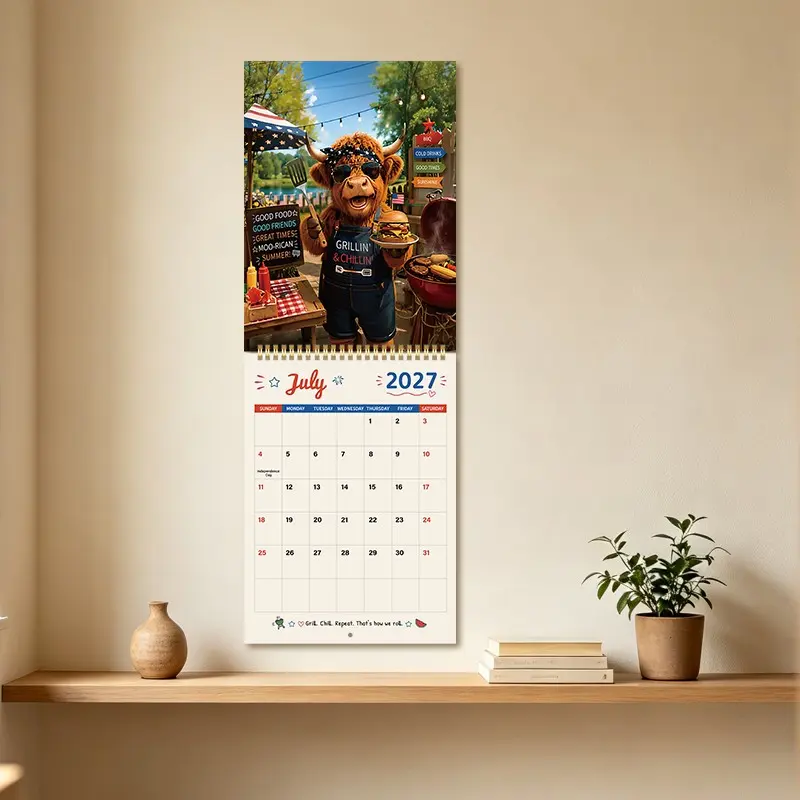 2027 Highland Cow Calendar, Illustrated Monthly Planner, a top choice for birthday and holiday gifts, the perfect Christmas present, and a great home wall decoration for farm lovers.