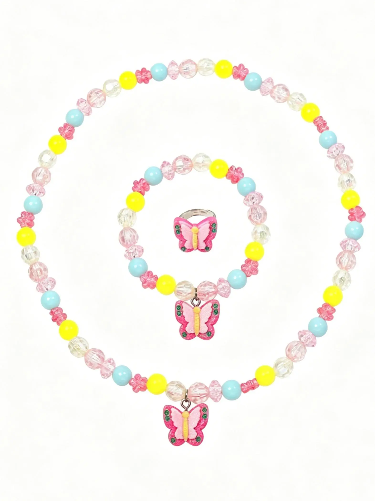 Cute Butterfly Stretch Jewelry Set for Toddler Little Girls, Necklace for Daughter, Princess Pretend Play Necklace Bracelet Ring Kit, Kids Costume Jewelry Birthday Gift