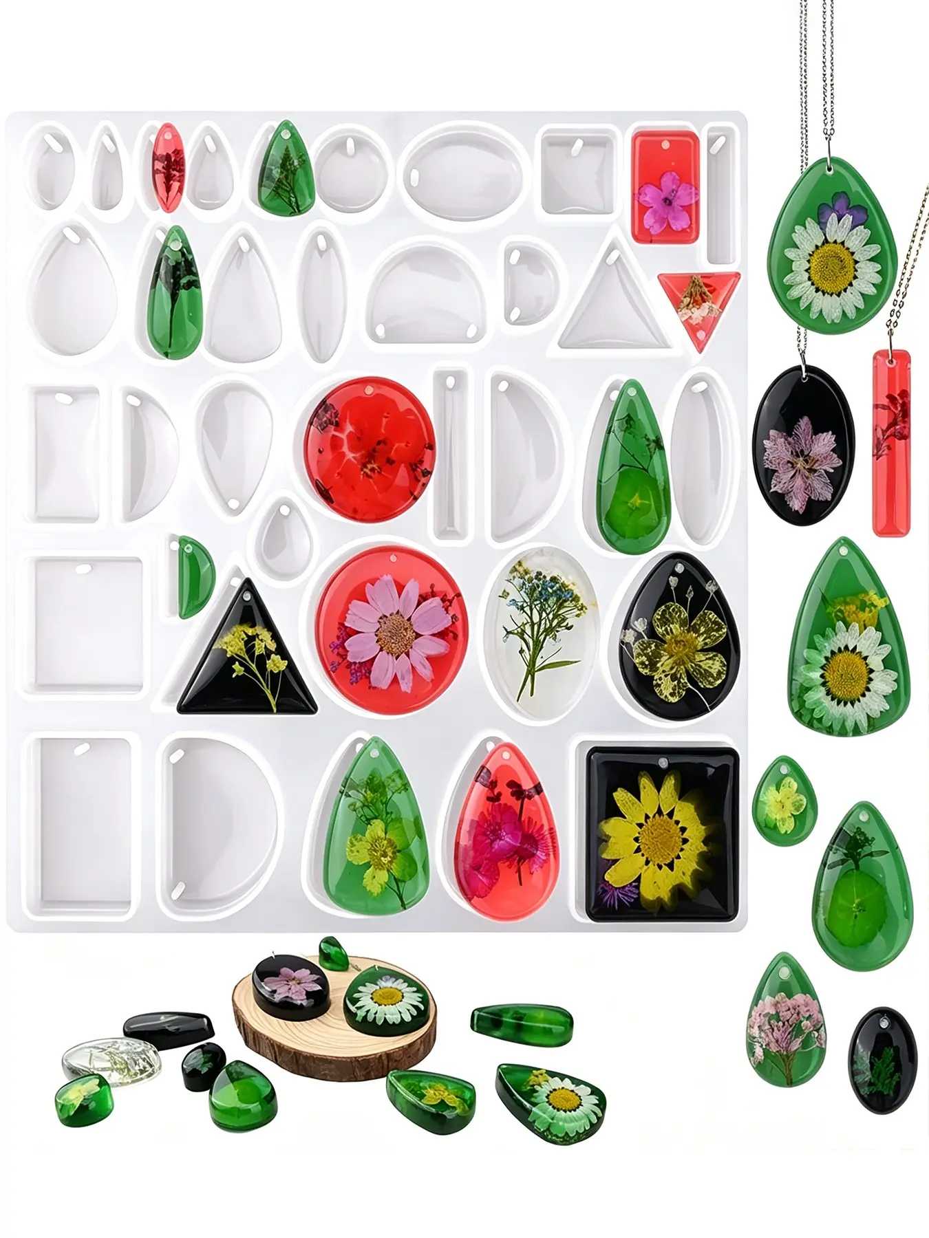 1Pcs Resin Pendant Silicone Mold, 38 Cavities Multi-Shape Resin Casting Mold, Tear Drop Round Triangle Rectangle Oval Keychain Mold, DIY Jewelry Making Tool