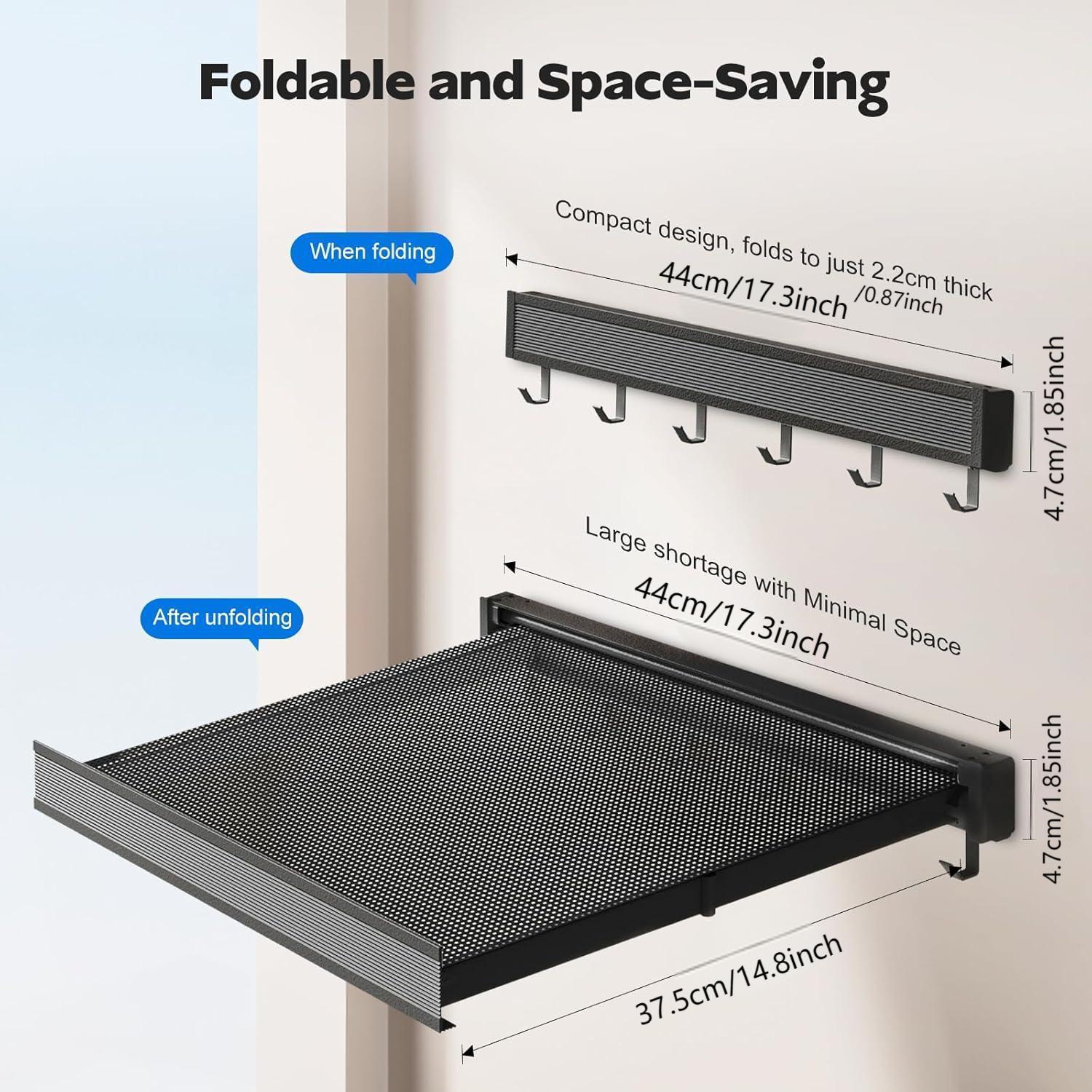 Space Saving Wall Mounted Towel Rack, Foldable Aluminum Towel Bar with Mesh Design, Rustproof with 6 Removable Hooks, No Drill Installation for Bathroom Balcony Laundry