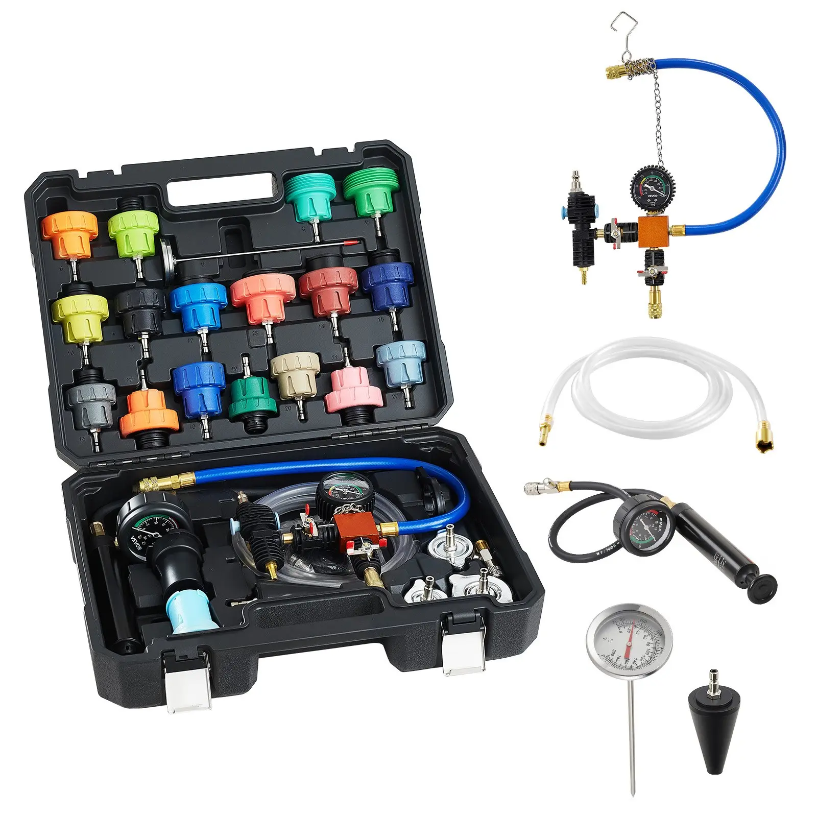 VEVOR Coolant Pressure Tester Kit, 31Pcs Radiator Vacuum Refill Kit with 3 Metal Adapters, Universal Fit, Automotive Cooling System Pressure Tester Tool, with Pressures Pump Aluminum-Plastic Filler