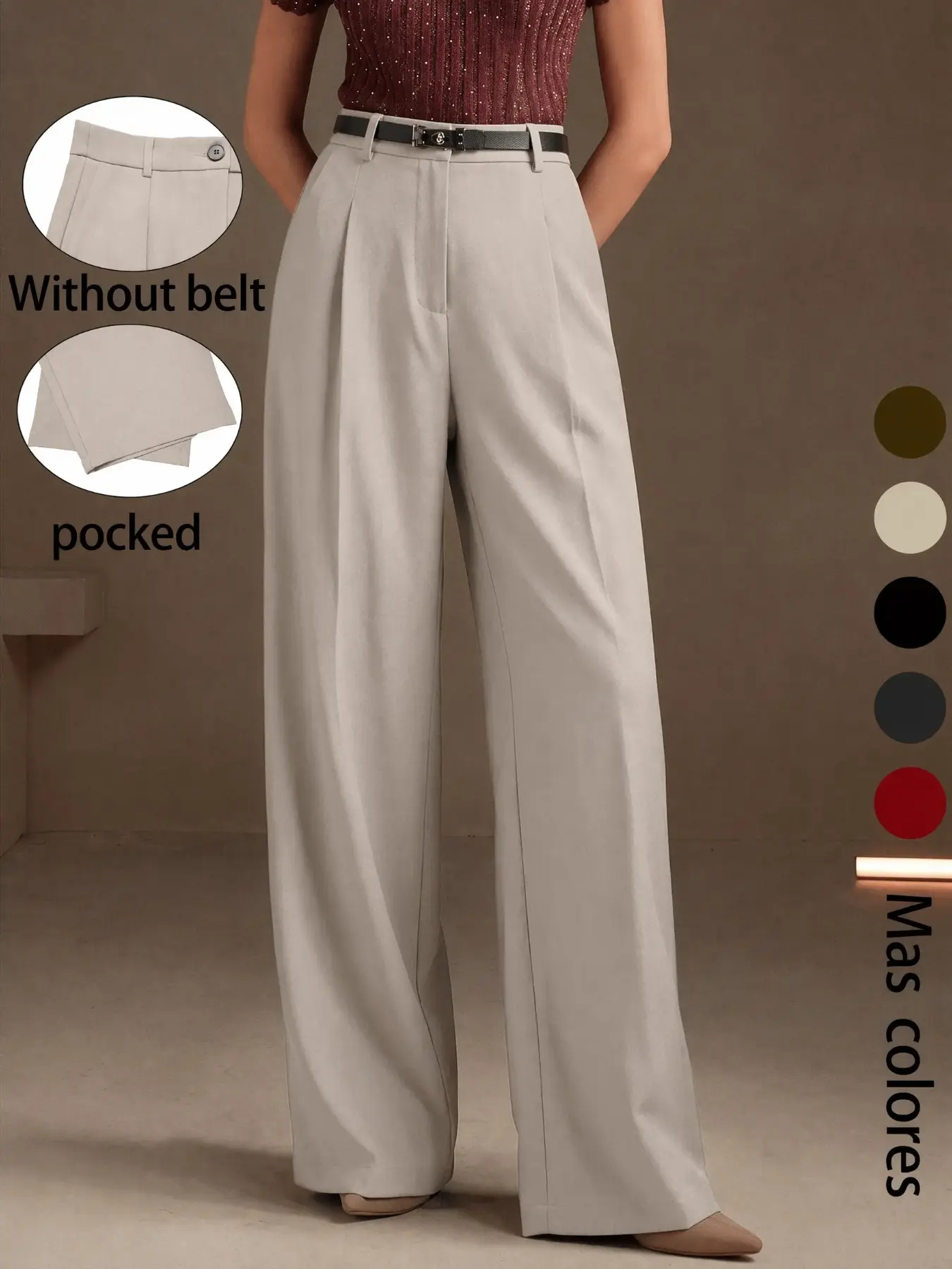 Women's High Waist Pleated Casual Wide Leg Trouser Pants, Office Wear, Four-Season Bottoms, Loose-Fitting, Button Fly, Plain Pattern