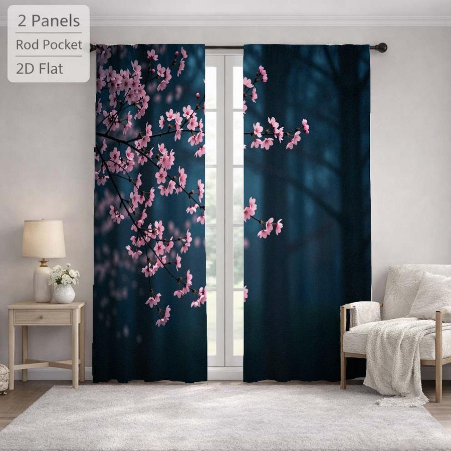 2Pcs Aesthetic Cherry Blossom Floral Pattern Sun Blocking Curtains Digital Printed Rod Pocket, Window Treatment For Bedroom Office Kitchen Living Room Study Home Decor