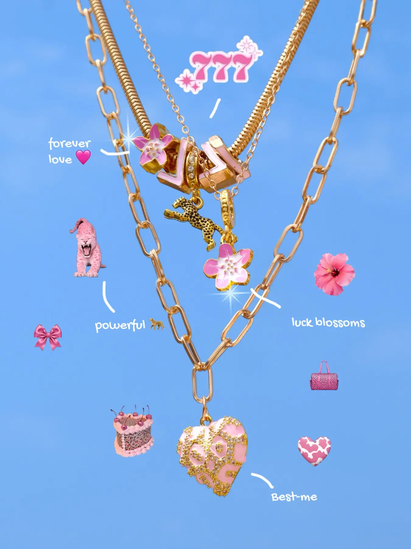 Cherry Blossom Leopard Print Heart Charm Necklace Set 3pcs, Leopard Print Egg Flower Cross Necklace, Beach Vacation Style Floral Necklace, Dangling Charms Necklace, Heart Design Jewelry