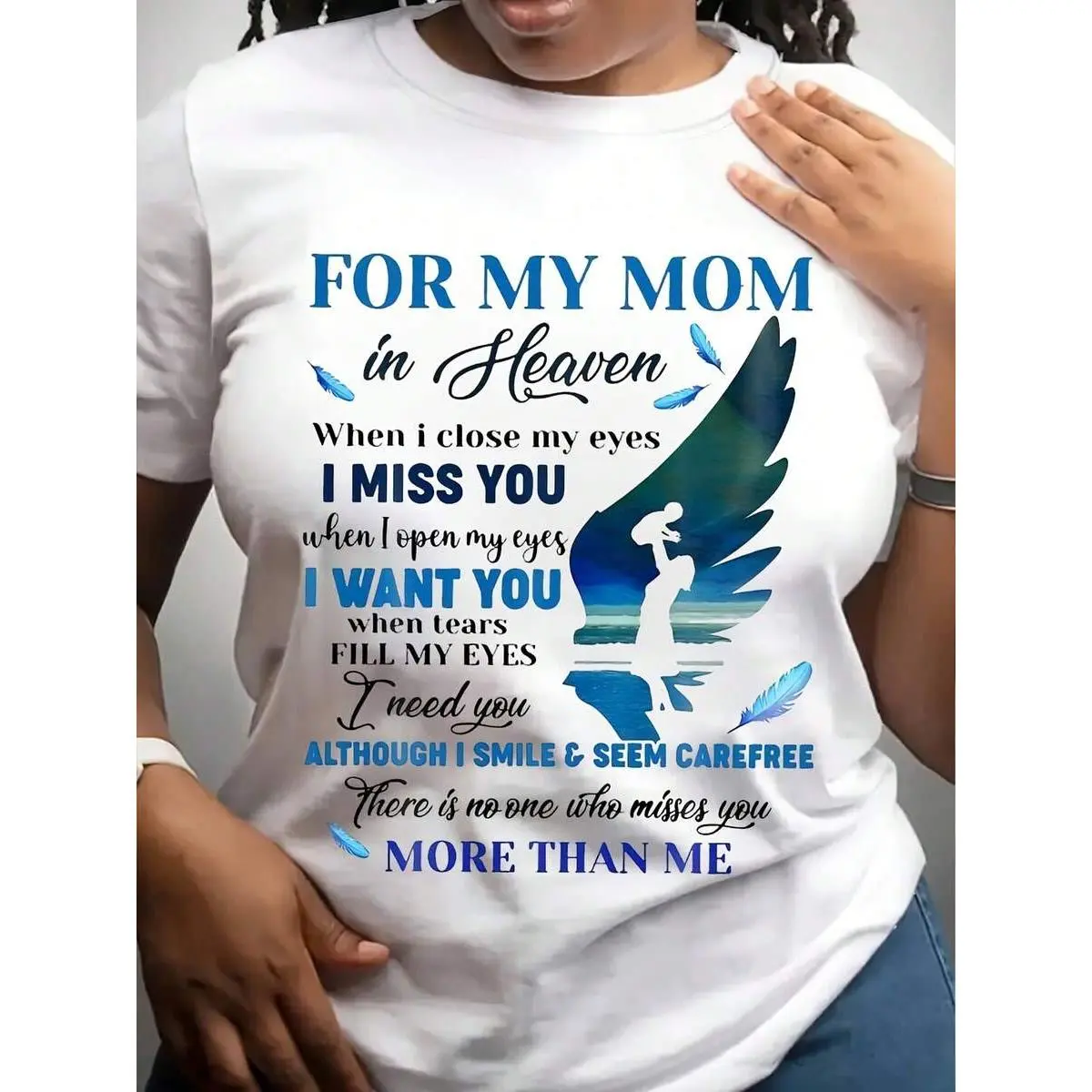 For My Mom In Heaven I Miss You Memorial T Shirt Angel Wings Design When I Close My Eyes Remembrance Gift For Loss Of Mother Bereavement Sympathy Tear Drop Gift For Women