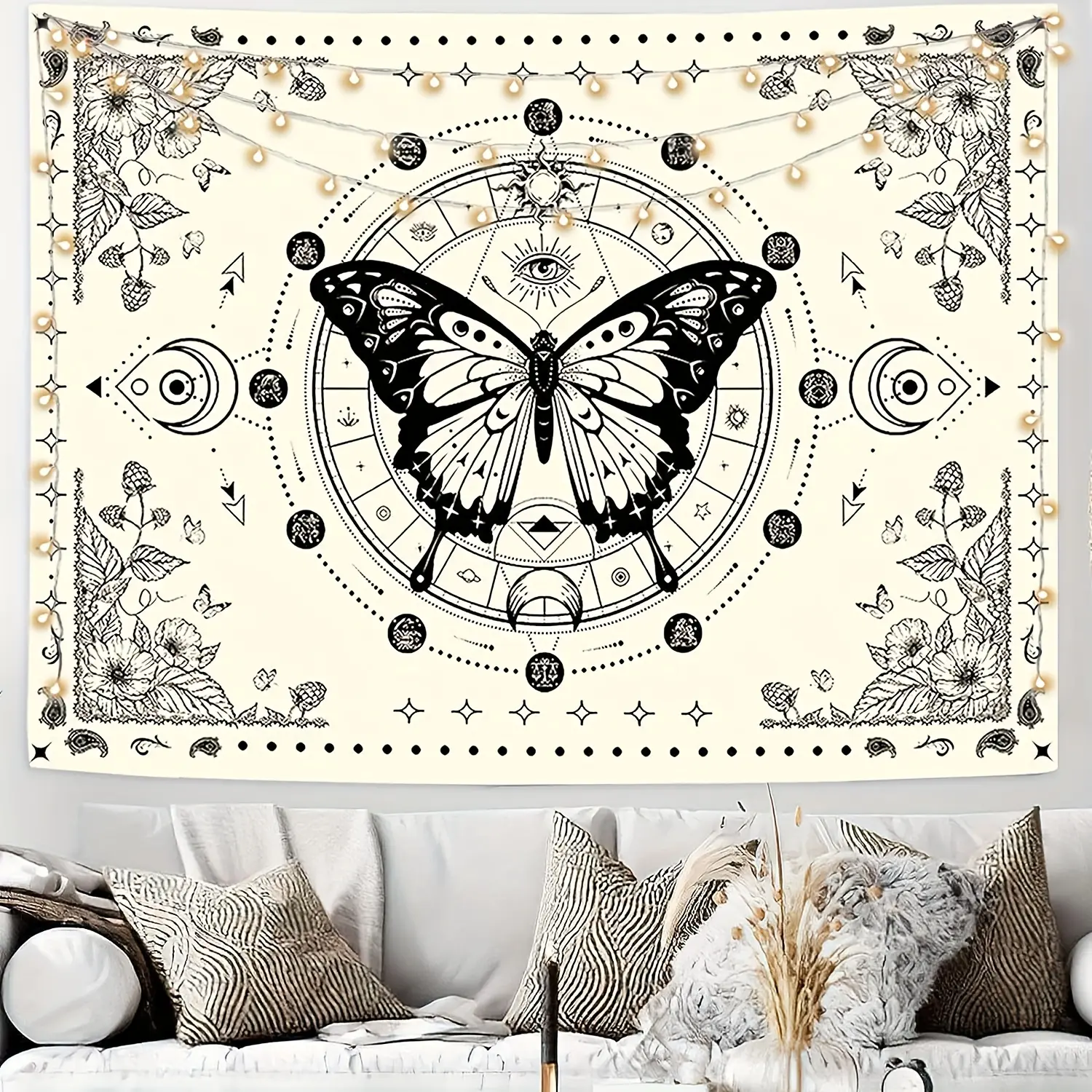 Enchanted Butterfly Tapestry with Moon & Vintage Floral Vines, Aesthetic Boho Wall Hanging for Dorm, Bedroom, Living Room, Soft Beige Fairy Grunge Decor, Magical Forest Vibe Room Art, Cozy Housewarming Gift for Her