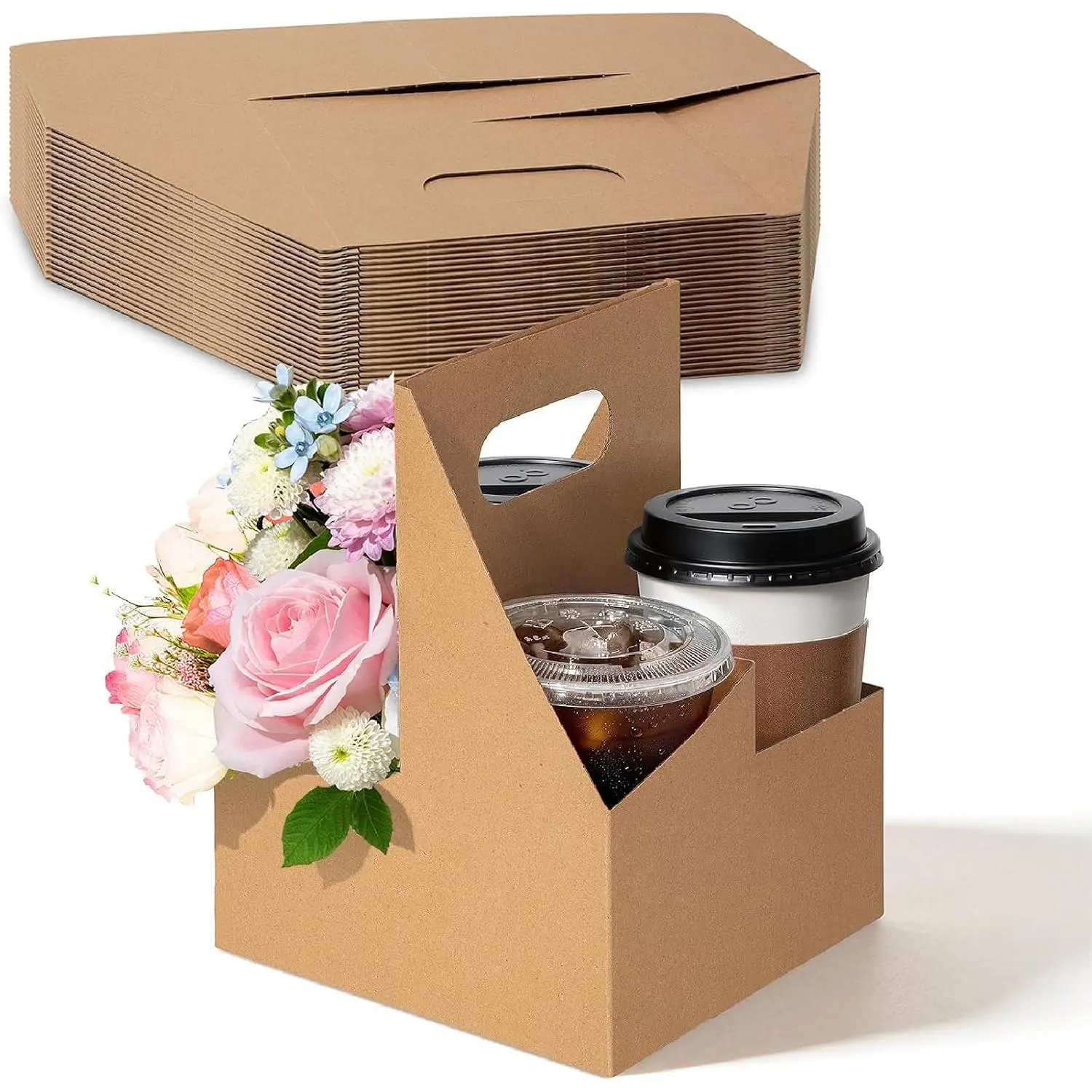4 Cup Disposable Drink Carrier with Handle, 25 Pack  Paperboard Handled Drink Carriers 8-32 oz to Go Coffee Cup Holder, Cup Carrier for Cold Hot Drinks, Valentine Mother's Day