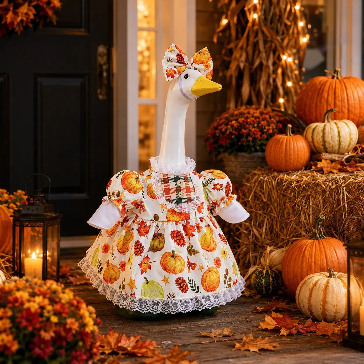 Thanksgiving Goose Outfit for 23 Inch Porch Goose Statue, Fall Harvest Dress Costume with Bow Headband, Pumpkin Leaf Print Goose Clothes for Lawn Yard Garden Outdoor Halloween Autumn Decor