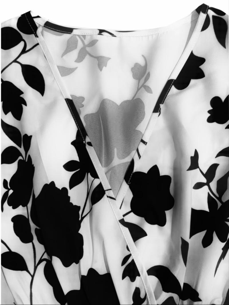 Elegant Women's Summer Dress, V Neck A-Line Batwing Sleeve, Floral Print, Leaf, Casual Fashion, Perfect for Daily Wear & Special Occasions