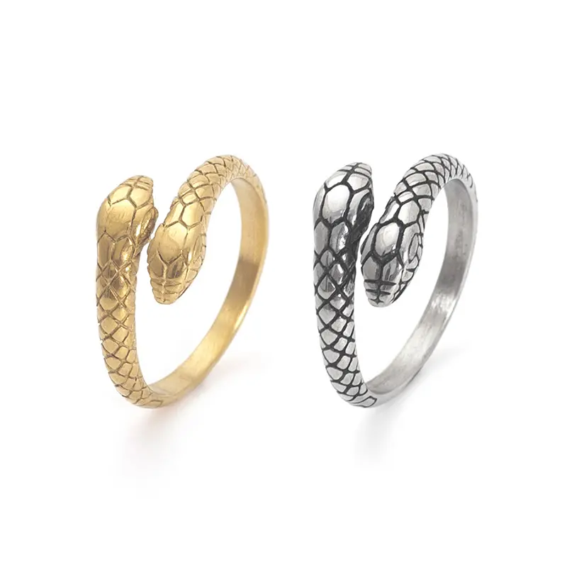 Retro Look Snake Ring for Men, Titanium Steel Double-Headed Serpent Band, Unique Statement Wear for All Seasons, Snake Motif, Circular Ring, Unique Shape