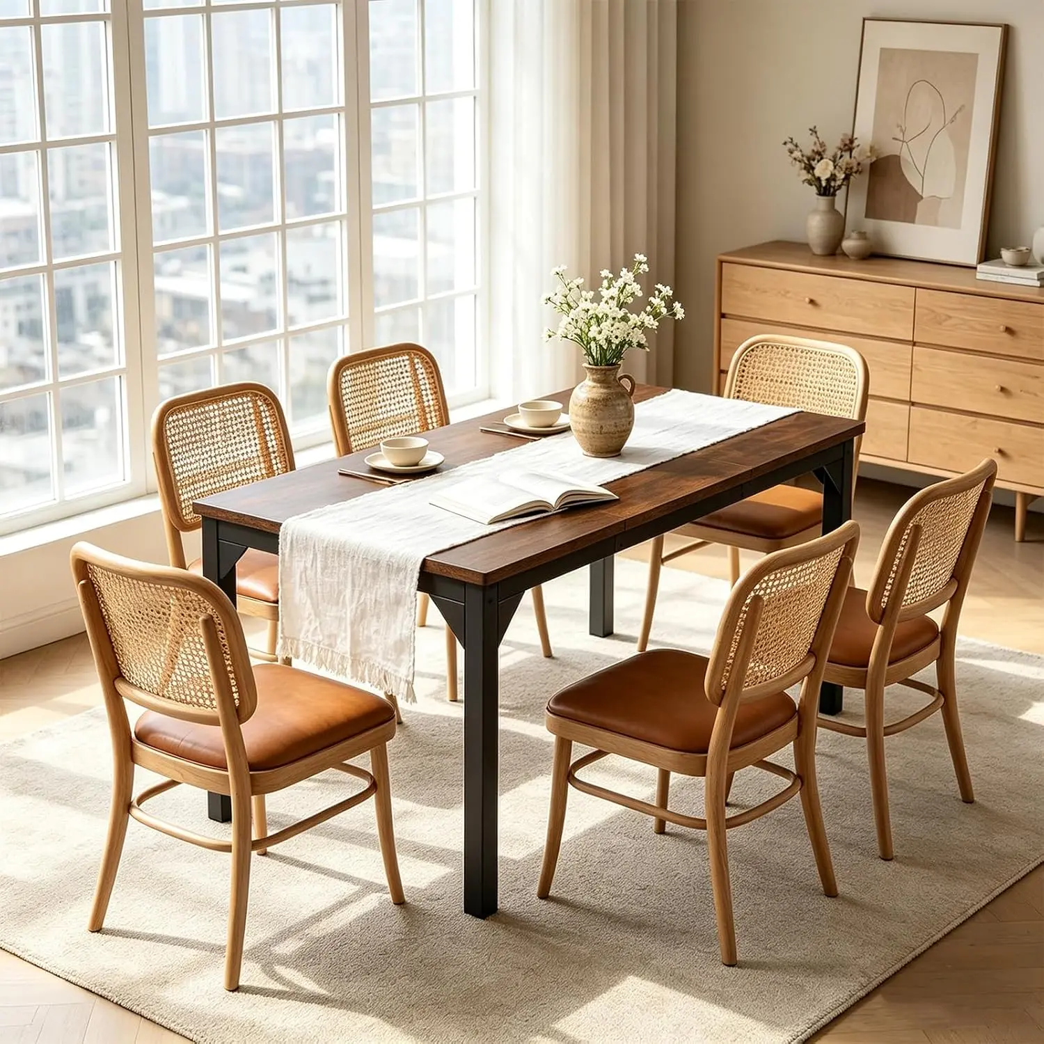 Garvee Modern Industrial Dining Table for 6-8 - 71" Rectangular Kitchen Table - Sturdy Black Metal Frame - Waterproof Brown Tabletop - Black Legs Brown Tabletop