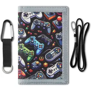 Kids Wallet for Boys with Lanyard, Little Boys Wallet for Kids Ages 4-5-6-7-8-9-10-12, Game Gamer Gaming Youth Wallets with Strap, Tri Fold Child Childrens Neck Wallets for Birthday Christmas Gift