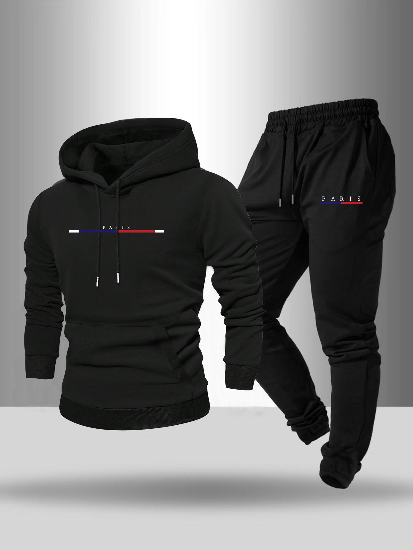 Men's Letter Print Drawstring Hoodie & Pocket Sweatpants Set, Casual Regular Fit Long Sleeve Hooded Sweatshirt & Jogger Pants, Fall & Winter Menswear, Streetwear Tracksuit