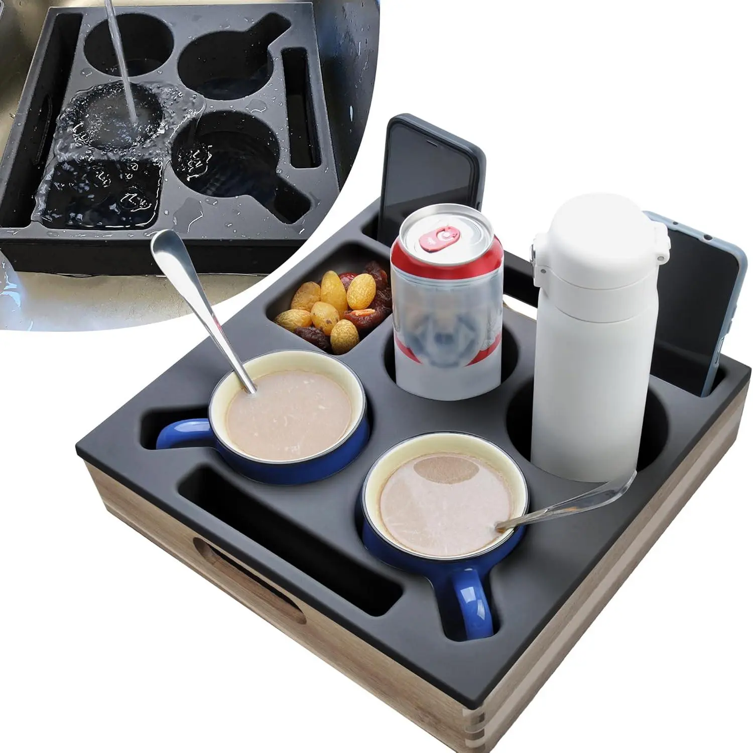 Couch Cup Holder Tray - Couch Caddy with Cup Holder, Anti-Spill Drink Holder for Couch, Sofa Cup Holder Tray, Silicone & Wooden Couch Table Tray for Snacks Remote Phone, Bed Car Seat RV, Black
