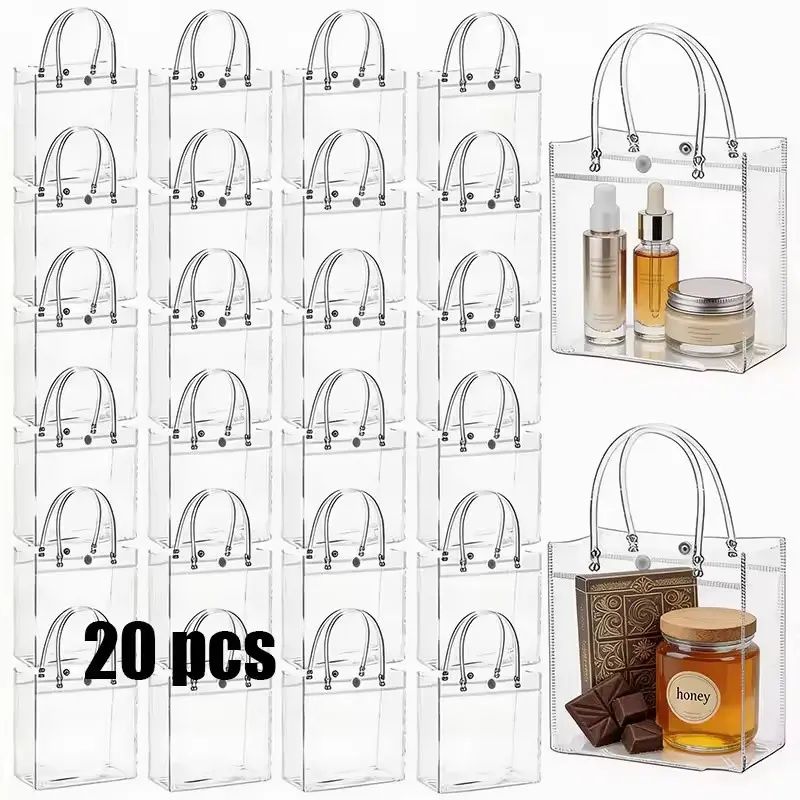 20 Pcs Transparent PVC Reusable Handbags, Ideal for Parties, Halloween, Christmas, Weddings, Birthdays, Cosmetics, Flowers, Crafts, Shopping, Party Bags
