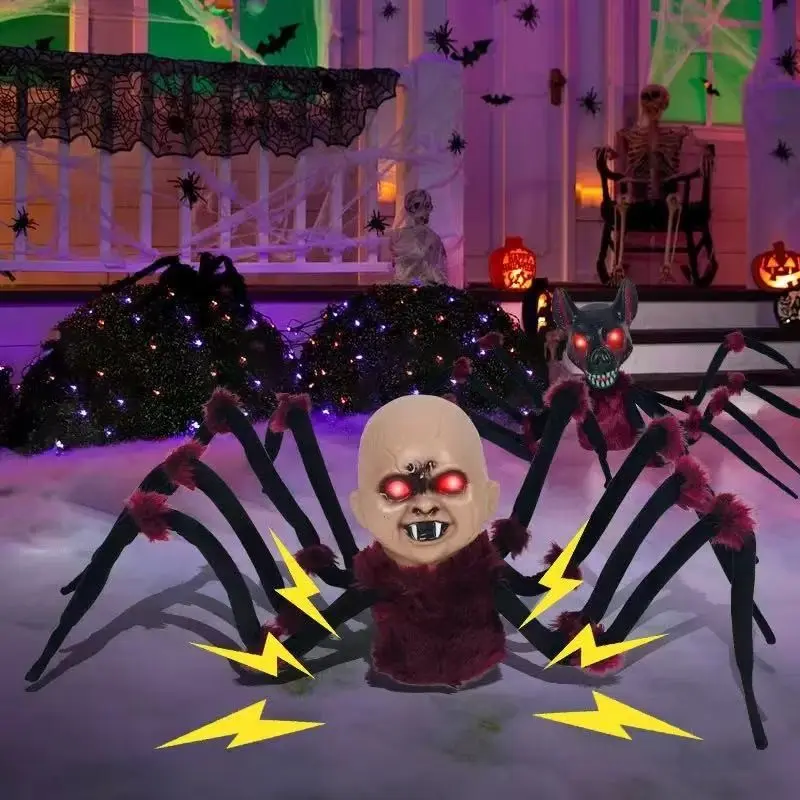 1PC Halloween Animatronic Demon Head Spider Prop, Sound & Touch Activated Movable Spider with Glowing Red Eyes for Haunted House, Yard and Horror Party Decoration
