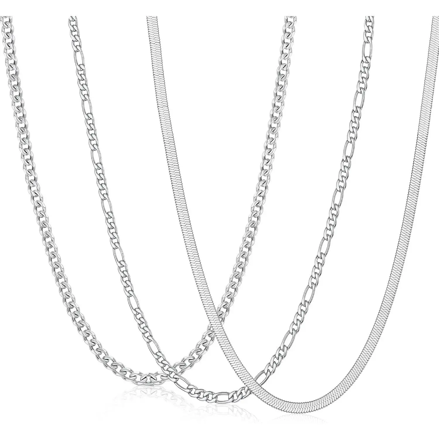 3 count Chain Necklace for Men Women, Stainless Steel Cuban Link/Figaro/Herringbone Chains Set  Gifts, 16/18/20/22/24 Inches