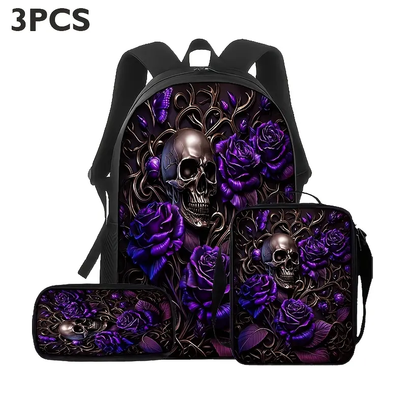 3-Piece Backpack Set, Gothic Skull Roses Polyester Daypack for Teens, Adjustable School/Travel Bag with Lunch Bag & Pencil Case, Backpacks For School, School Backpacks
