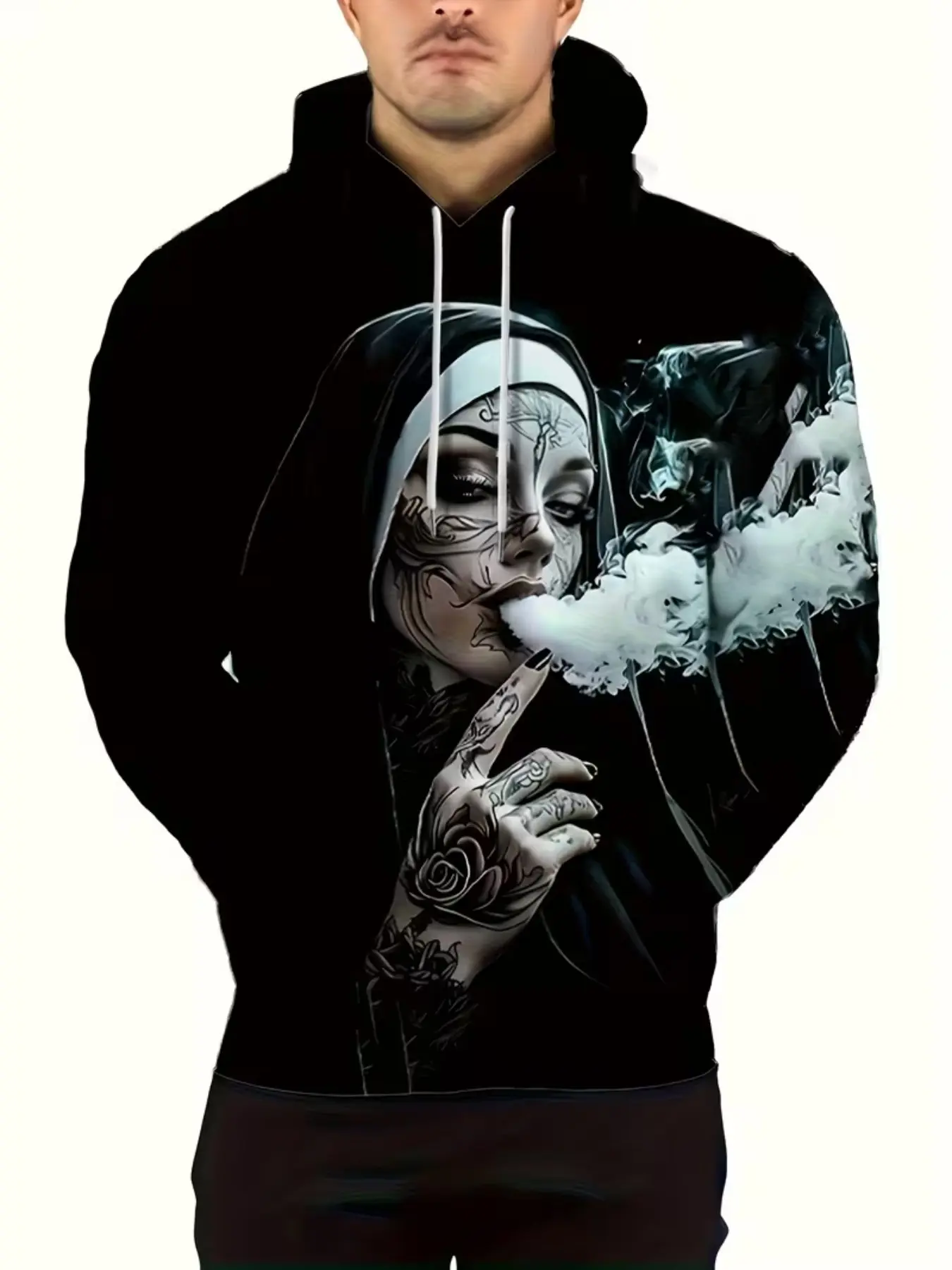 Men's Drawstring Hoodie Sublimation Fabric Dark Tattoo Nun Smoke Rose Graphic Print Long Sleeve Pullover Hooded Sweatshirt Slim Fit Streetwear Gothic Casual Daily Wear