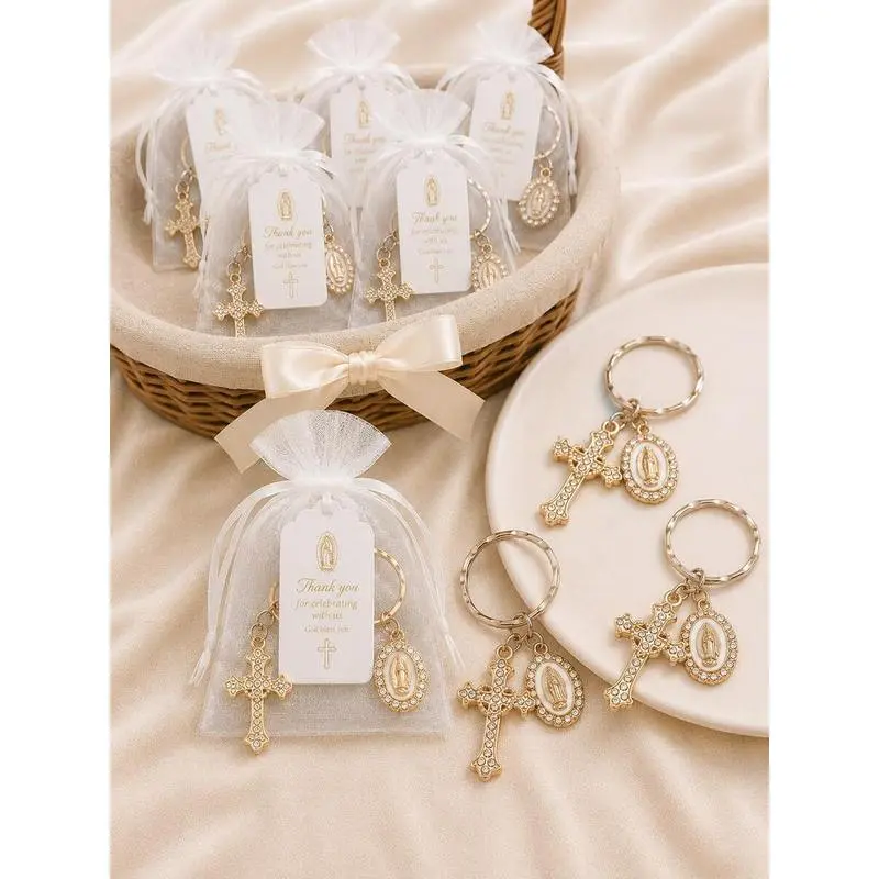 60pcs/20sets Cross Keychain With Organza Gift Bag And Tag, Suitable For Baptism, Baby Shower, Birthday Party Gifts, Religious Commemoration, Christian First Communion