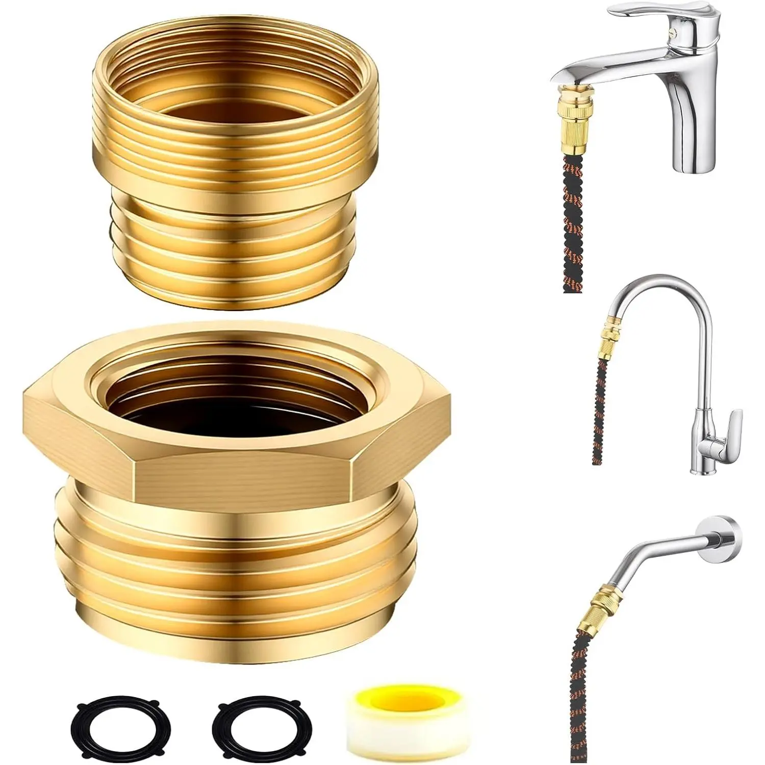 Brass Shower Hose Adapter and Faucet Adapter Kit, G1/2" Female, 55/64"-27 Female and 15/16"-27 Male to 3/4" GHT Male Garden Hose Connector, with Washer and PTFE Tape, Both Indoor/Outdoor, Diy Users