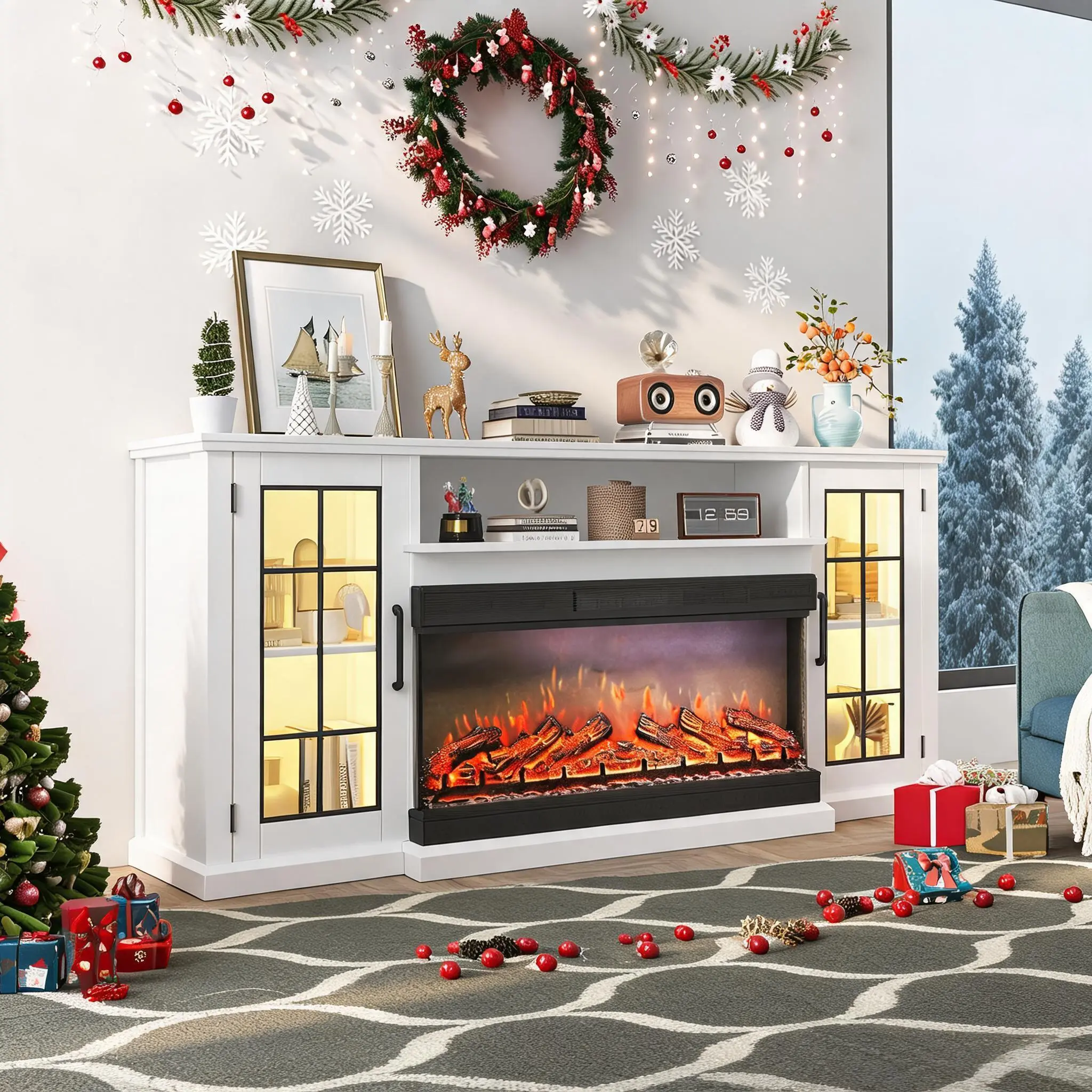 Modern Farmhouse Fireplace TV Stand for TVs Up to 85 in - 75 in Media Console, 3-Sided Glass Electric Fireplace, Adjustable LED Flame, Glass Doors, Storage Shelves & Cabinets, Rustic Living Room Entertainment Center, Fireplace Tv Stands