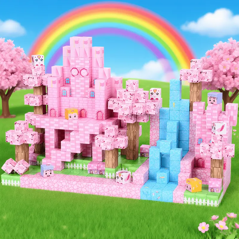 100PCS Magnetic Building Blocks - Cherry Blossom Snow Castle DIY Cube Set, Perfect Christmas Stocking Stuffer & Kids Birthday Gift