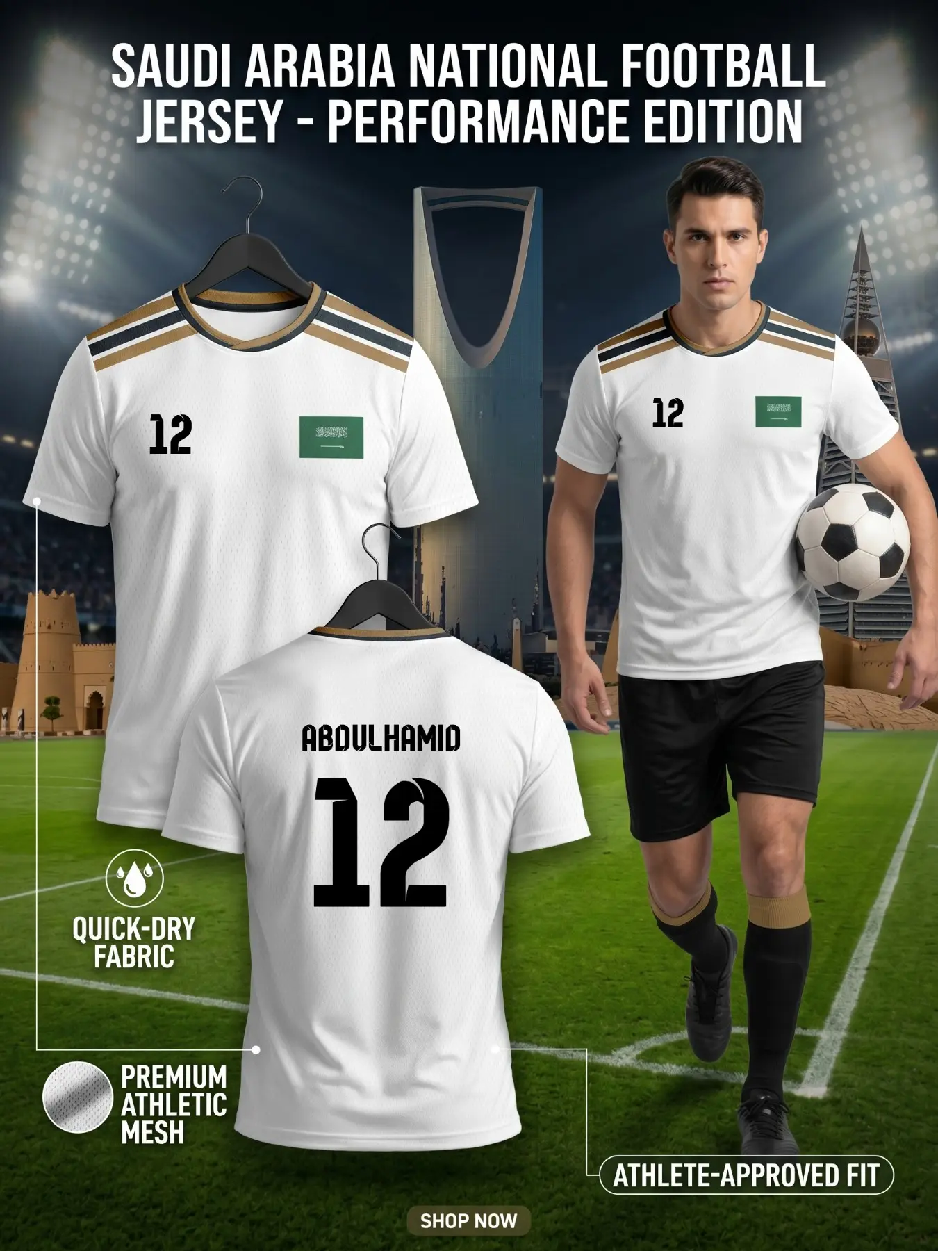 2026 Saudi Arabian Football Jersey, Men's Premium Sports Mesh Football Jersey, Quick-Drying Performance Fan Gear Sports T-Shirt, Soccer Jerseys