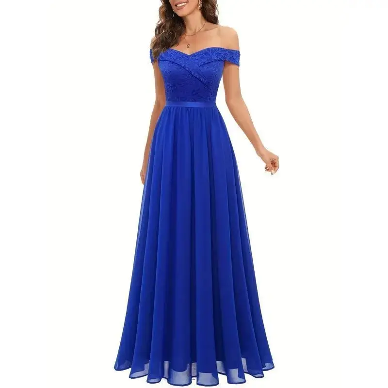 Elegant Wine Red Off-Shoulder Lace Chiffon Bridesmaid Dress - Sleeveless A-Line Evening Gown, Pleated Details, Hand Wash/Dry Clean, Nylon and Spandex Blend Fabric Womenswear Collar Printed Blue Chic Solid Woven Comfort Basic Minimalist