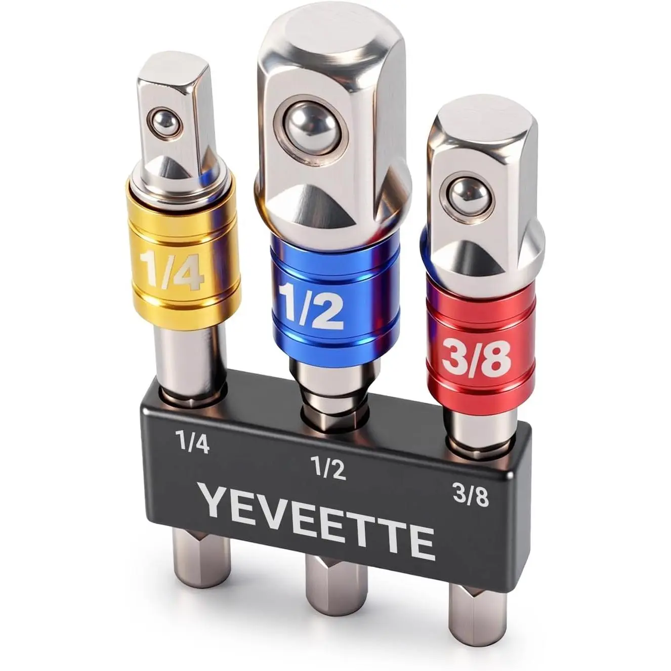 Heavy Duty Hex Shank to Square Socket Adapter Set, Impact Grade Power Tool Drill Accessory with Standard Sizes (1/4", 3/8", 1/2"), Anti-Slip Detent Ball for Power Drills & Impact Drivers