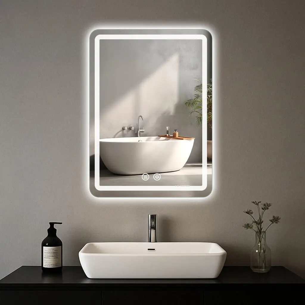 LED Bathroom Mirror, 16 x 24 Inch Anti-Fog Bathroom Mirror with Lights, Stepless Dimmable Lighted Bathroom Mirrors for Wall, Rectangle Bathroom  Mirror with Front and Backlight, Vertically Only