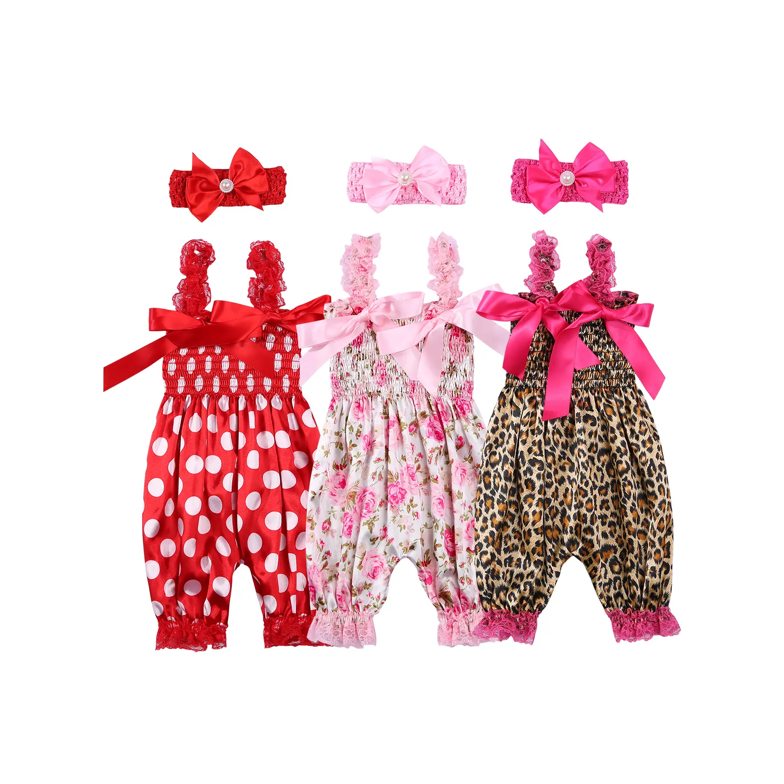 Kids Jumpsuit with Headband, Girls Dots/ Flower/ Leopard Print Sleeveless Romper with Elastic Shoulder Strap+ Headwear