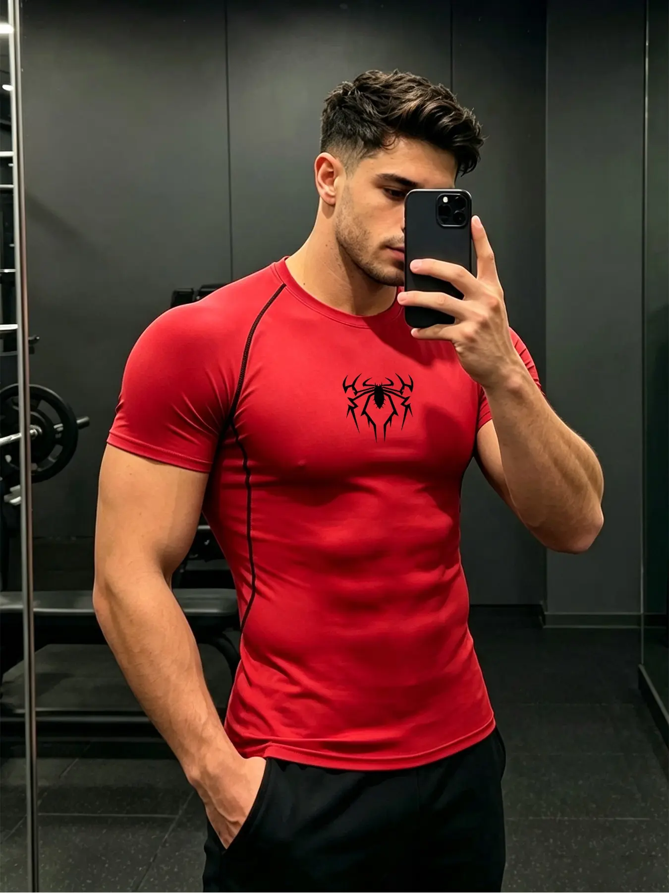 Men's Spider Print Short Sleeve Sportswear, Quick-Dry Breathable High Stretch, Ideal for Gym, Running, Strength Training, All Seasons