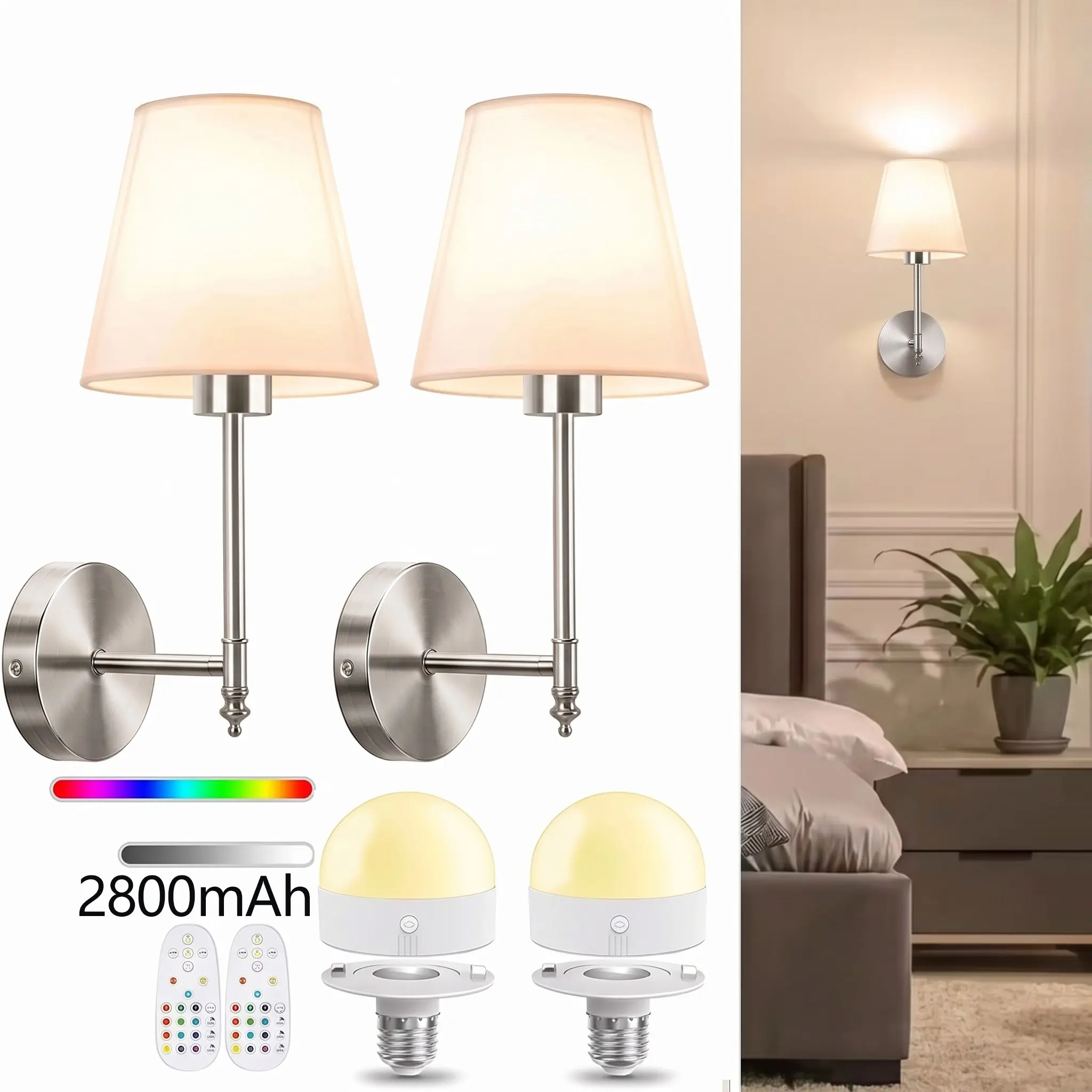 LED Chargeable Wall Lamp, Powered By 2800mAh Battery, RGB Bulb With Remote Control and No Wiring Required, Timer Function; For Bedroom Bedside, Hallway, and Study Decorative Lighting; Requires Drilling, Led Wall Lights