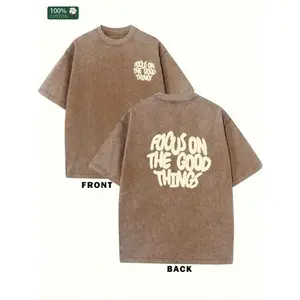 100% Cotton Vintage Washed Oversized T-Shirt, Focus On The Good Things Bubble Letter Front Back Inspirational Quote Graphic Tee Neutral Aesthetic Positive Mind Casual Short Sleeve Top Trendy Motivational Gift For Women Teen Streetwear Everyday Fashion Lov