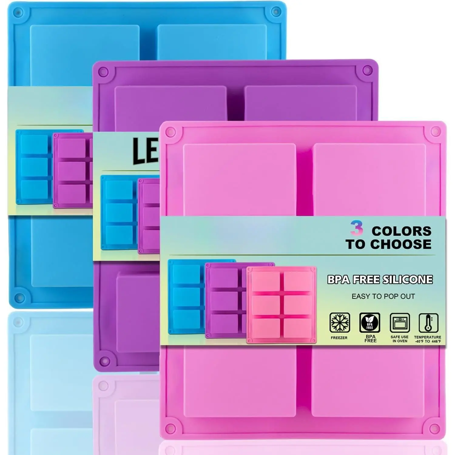 3 Pack  Soap Molds, 6 Cavities Rectangle  Mold,  for Homemade Craft Soap Mold, , Cake Molds &  Tray - Just Pop Out( & Blue & )